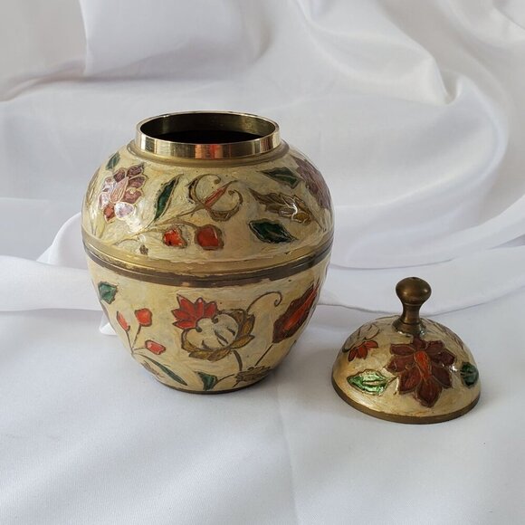 VTG Brass Cloisonné Enamel Lidded Ginger Jar Pot Urn Made in India 6 inches tall - Picture 4 of 13